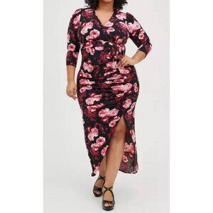 Torrid Maxi Studio Dress Womens 22 Black Pink Hi Low Roses Floral High Slit